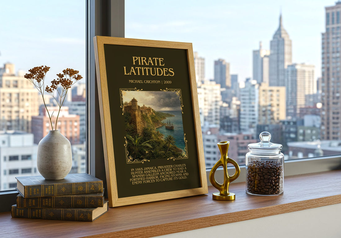 Pirate Latitudes Minimalist Book Poster by Michael Crichton – framed print on a city-view windowsill