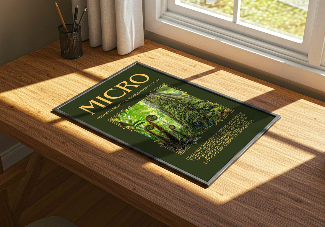 Micro Minimalist Book Poster by Michael Crichton & Richard Preston – print on a sunlit desk
