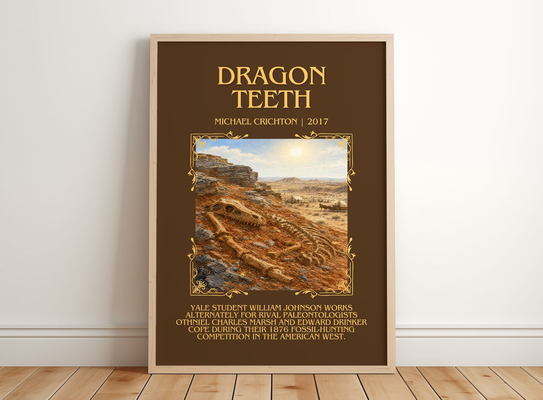 Dragon Teeth Minimalist Book Poster by Michael Crichton – framed print leaning on a wooden floor