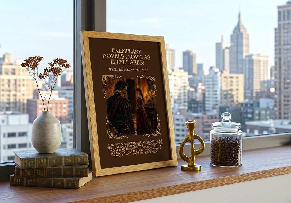 Exemplary Novels (Novelas Ejemplares) Minimalist Book Poster – framed print on a city-view windowsill