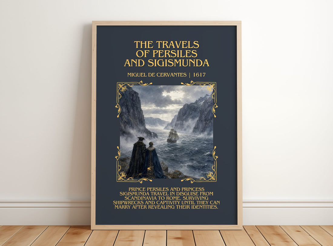 Travels Of Persiles And Sigismunda Minimalist Book Poster – framed print leaning on a wooden floor