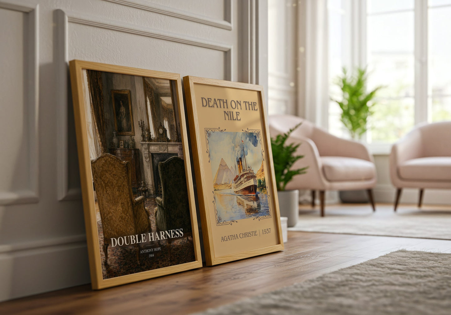 Double Harness watercolour print framed by window – literary home decor