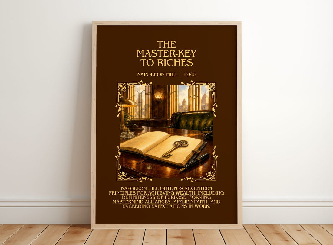 The Master-Key To Riches Minimalist Book Poster by Napoleon Hill – framed print leaning on a wooden floor