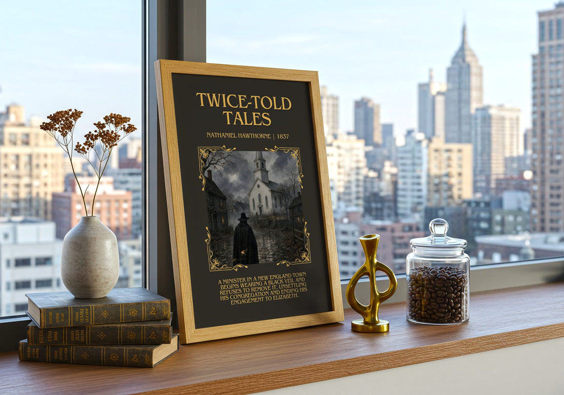 Twice-Told Tales Minimalist Book Poster by Nathaniel Hawthorne – framed print on a city-view windowsill
