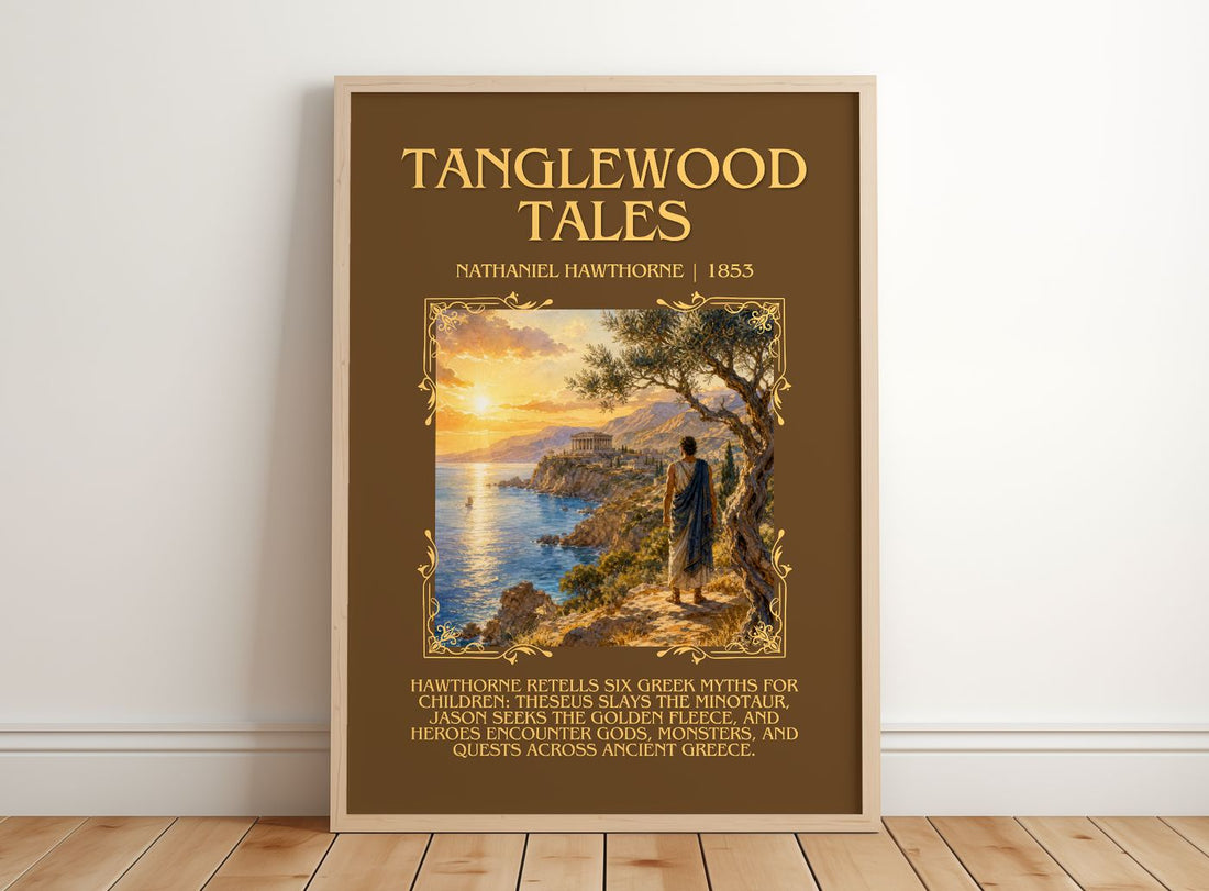 Tanglewood Tales Minimalist Book Poster by Nathaniel Hawthorne – framed print leaning on a wooden floor