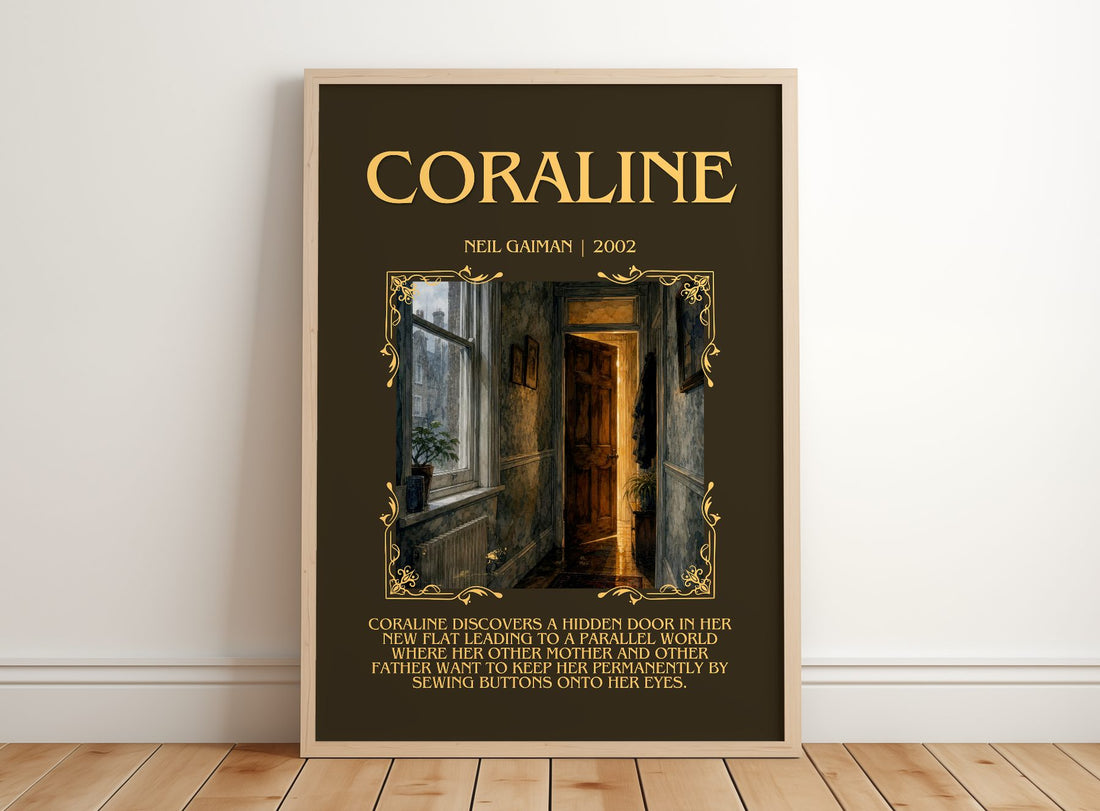 Coraline Minimalist Book Poster by Neil Gaiman – framed print leaning on a wooden floor