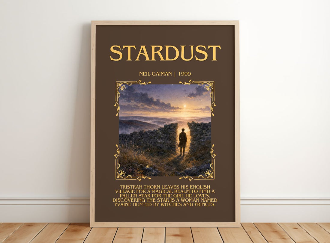 Stardust Minimalist Book Poster by Neil Gaiman – framed print leaning on a wooden floor