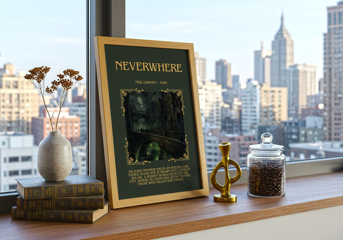 Neverwhere Minimalist Book Poster by Neil Gaiman – framed print on a city-view windowsill