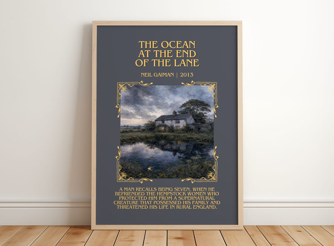 The Ocean At The End Of The Lane Minimalist Book Poster by Neil Gaiman – framed print leaning on a wooden floor
