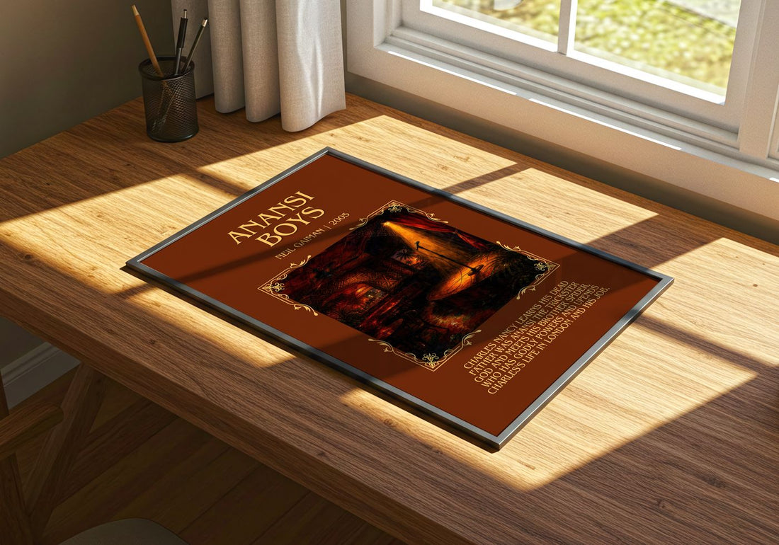 Anansi Boys Minimalist Book Poster by Neil Gaiman – print on a sunlit desk