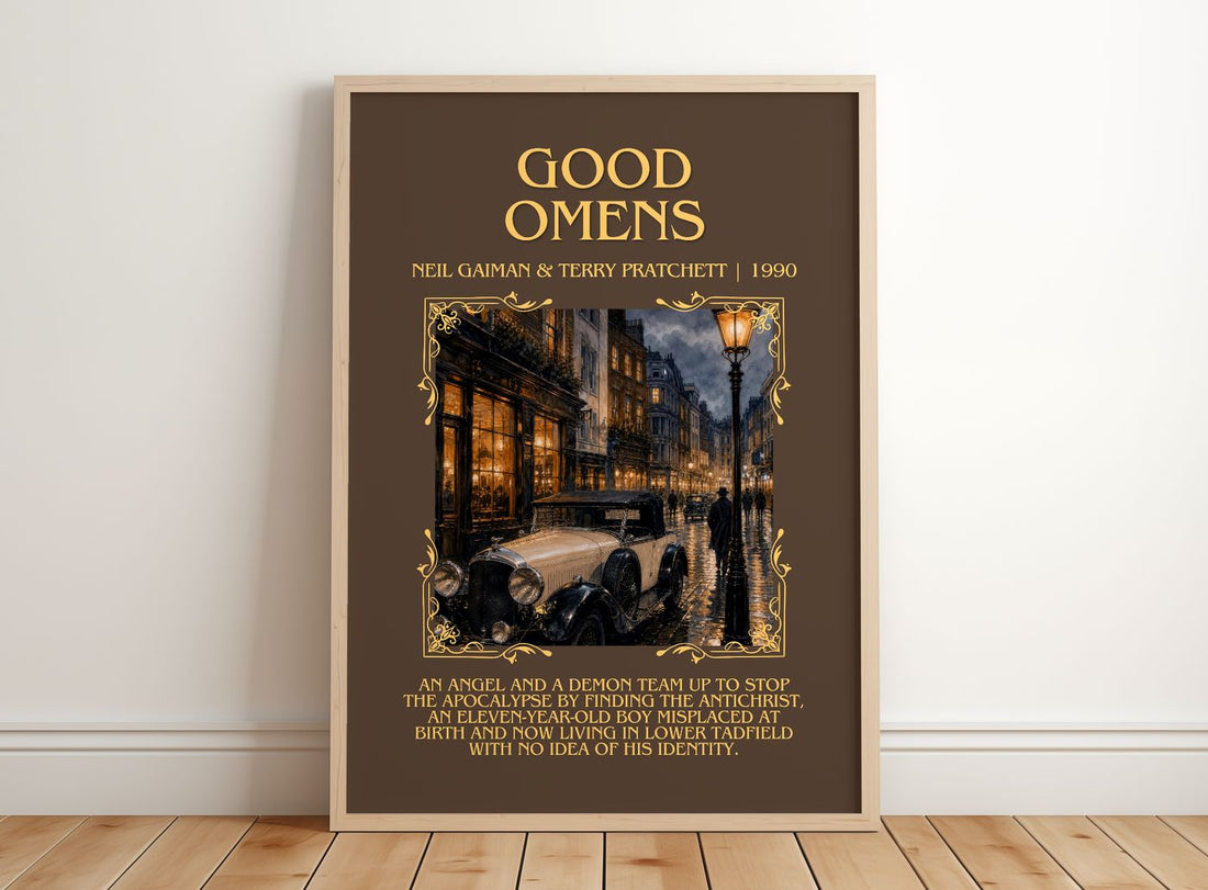 Good Omens Minimalist Book Poster by Neil Gaiman & Terry Pratchett – framed print leaning on a wooden floor