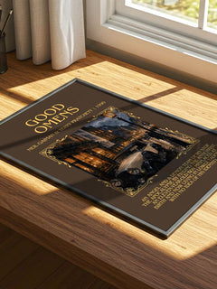 Good Omens Minimalist Book Poster by Neil Gaiman & Terry Pratchett – print on a sunlit desk