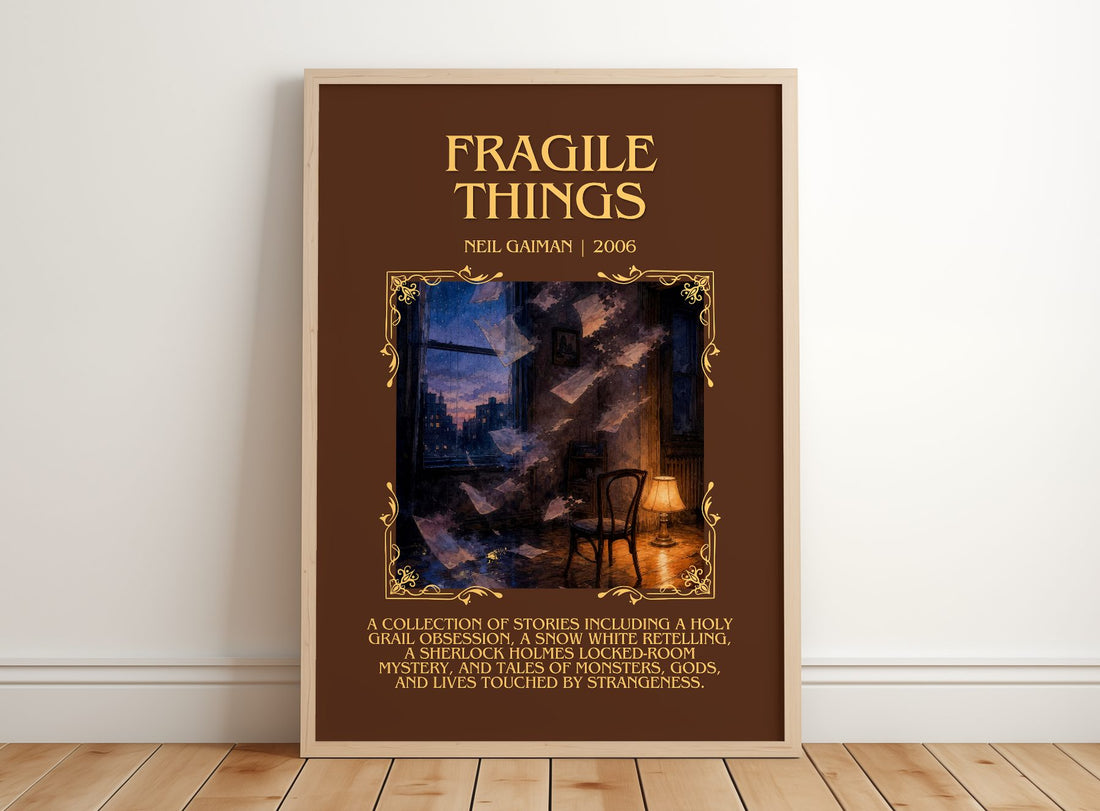 Fragile Things Minimalist Book Poster by Neil Gaiman – framed print leaning on a wooden floor