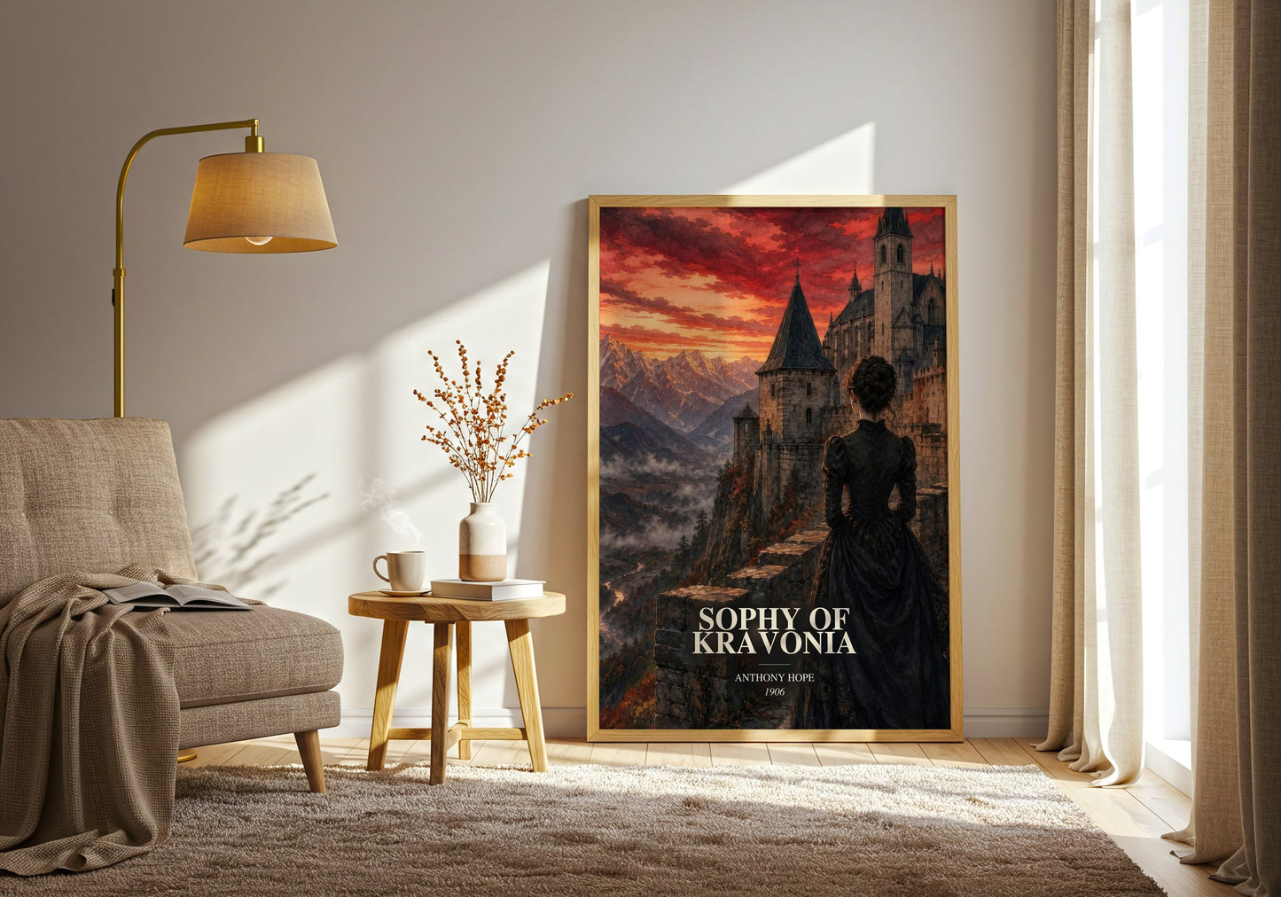 Sophy Of Kravonia watercolour print in frame leaning in hallway – romance wall art