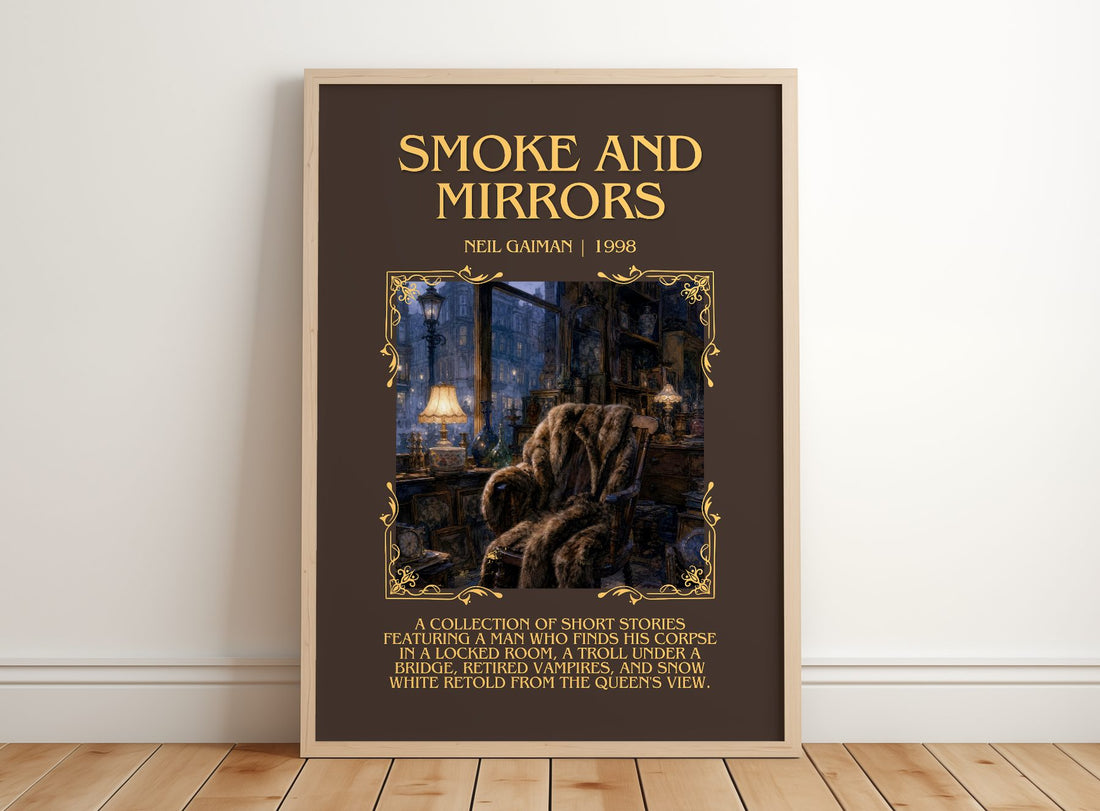Smoke And Mirrors Minimalist Book Poster by Neil Gaiman – framed print leaning on a wooden floor