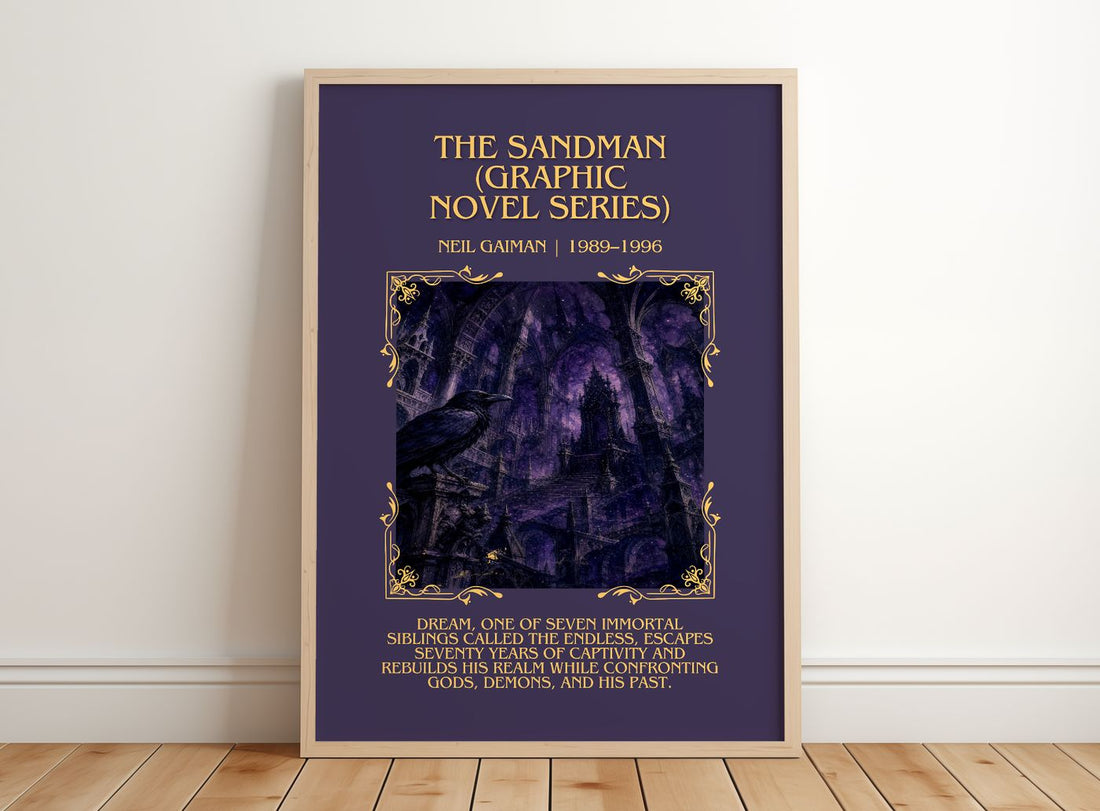 Sandman (Graphic Novel Series) Minimalist Book Poster by Neil Gaiman – framed print leaning on a wooden floor