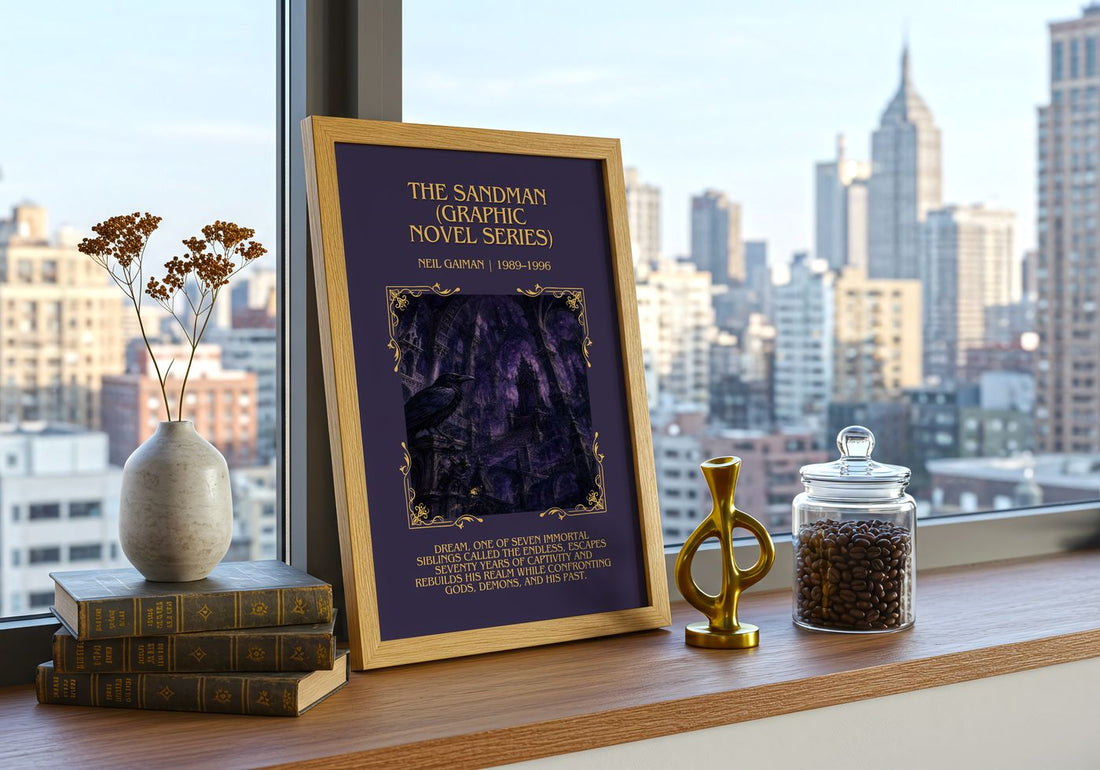 Sandman (Graphic Novel Series) Minimalist Book Poster by Neil Gaiman – framed print on a city-view windowsill