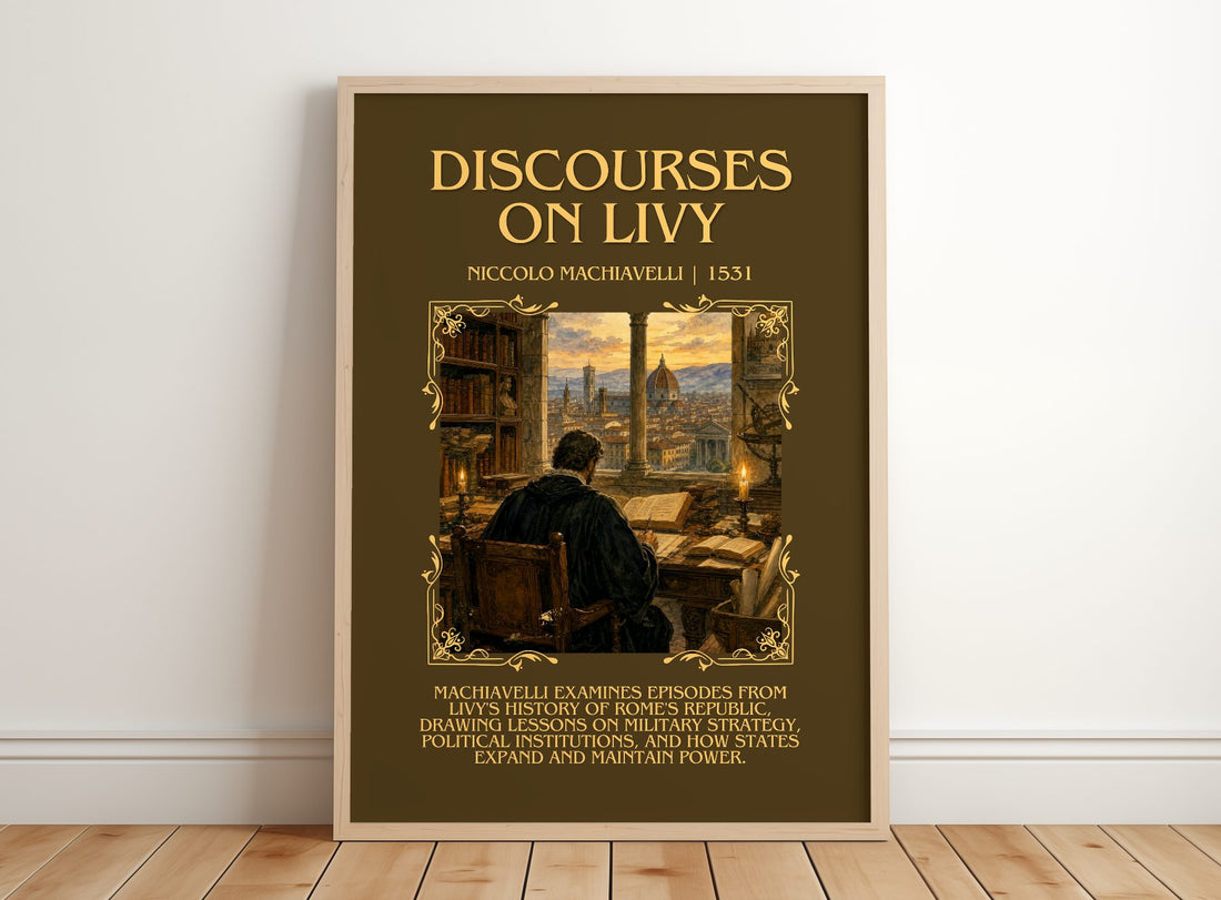Discourses On Livy Minimalist Book Poster by Niccolò Machiavelli – framed print leaning on a wooden floor