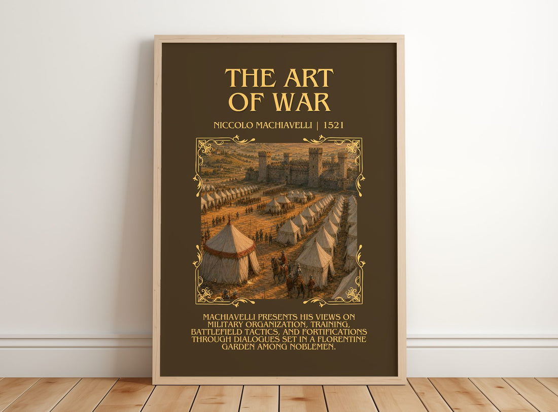 The Art Of War Minimalist Book Poster by Niccolò Machiavelli – framed print leaning on a wooden floor
