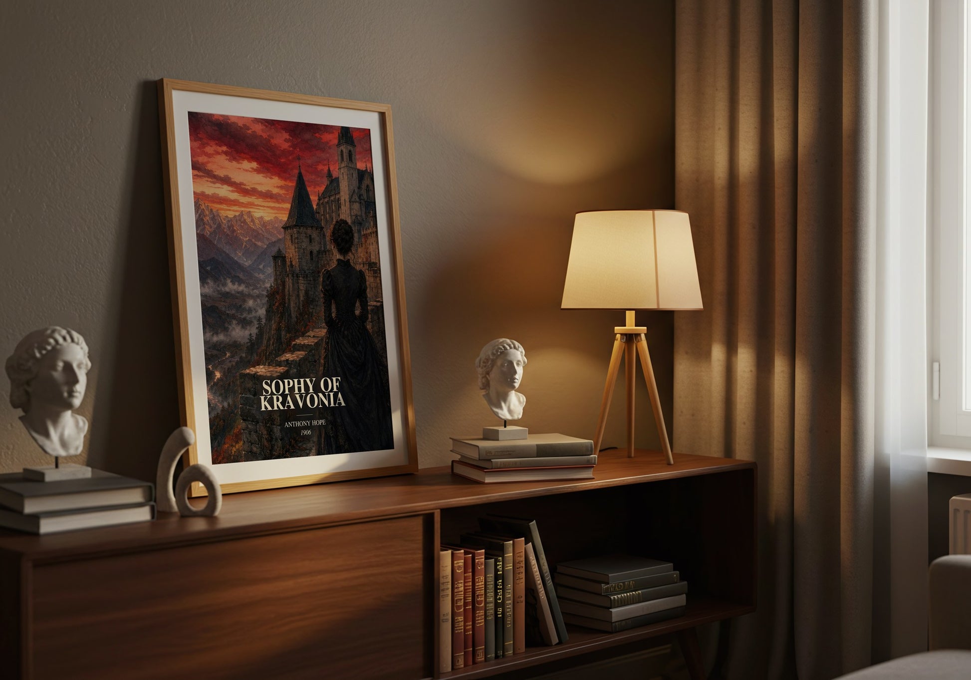 Sophy Of Kravonia watercolour print on bookshelf – Anthony Hope fan gift