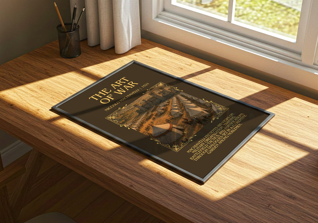 The Art Of War Minimalist Book Poster by Niccolò Machiavelli – print on a sunlit desk