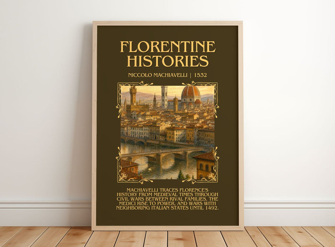 Florentine Histories Minimalist Book Poster by Niccolò Machiavelli – framed print leaning on a wooden floor