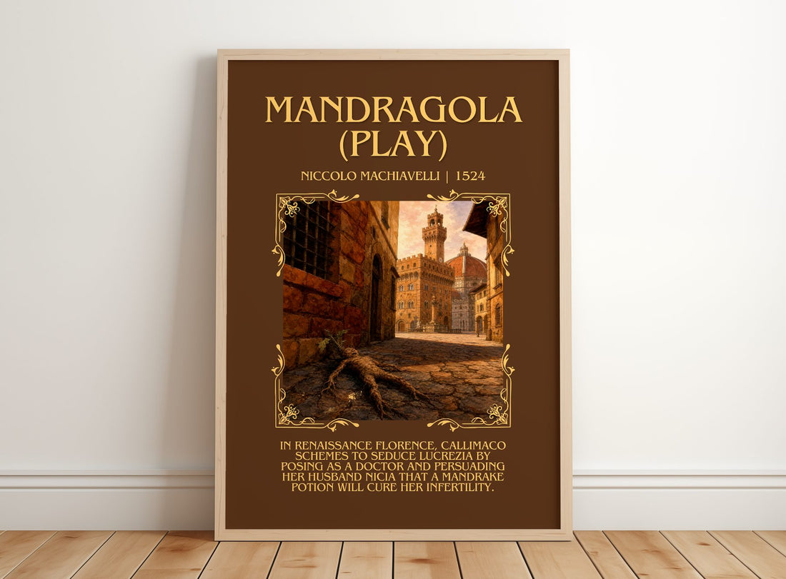 Mandragola (Play) Minimalist Book Poster by Niccolò Machiavelli – framed print leaning on a wooden floor
