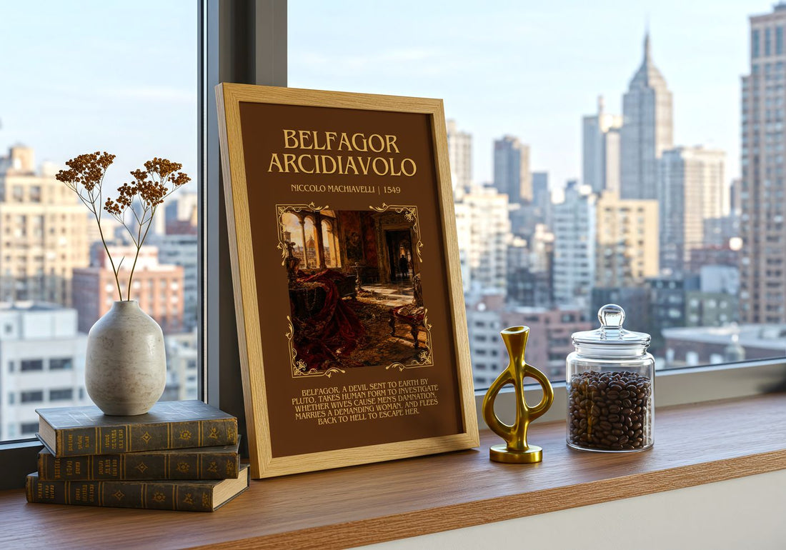 Belfagor Arcidiavolo Minimalist Book Poster by Niccolò Machiavelli – framed print on a city-view windowsill