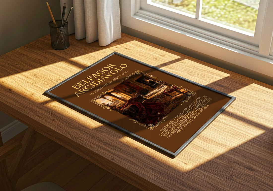 Belfagor Arcidiavolo Minimalist Book Poster by Niccolò Machiavelli – print on a sunlit desk