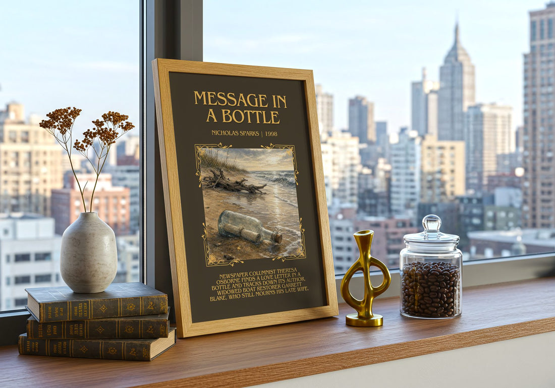 Message In A Bottle Minimalist Book Poster by Nicholas Sparks – framed print on a city-view windowsill