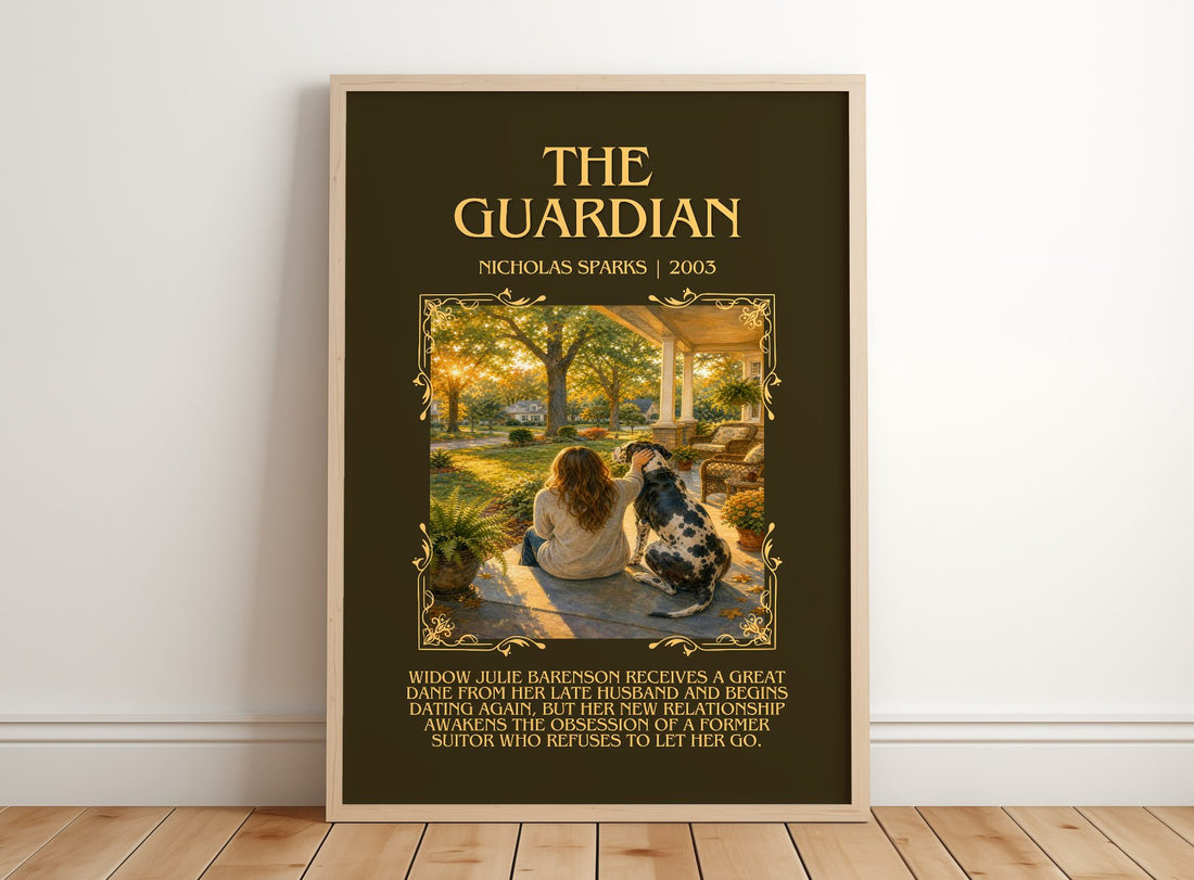 The Guardian Minimalist Book Poster by Nicholas Sparks – framed print leaning on a wooden floor
