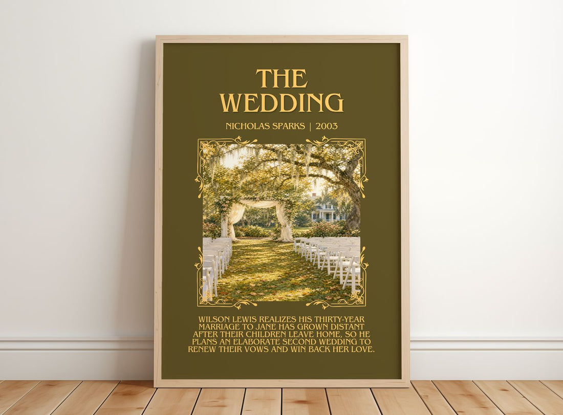 The Wedding Minimalist Book Poster by Nicholas Sparks – framed print leaning on a wooden floor