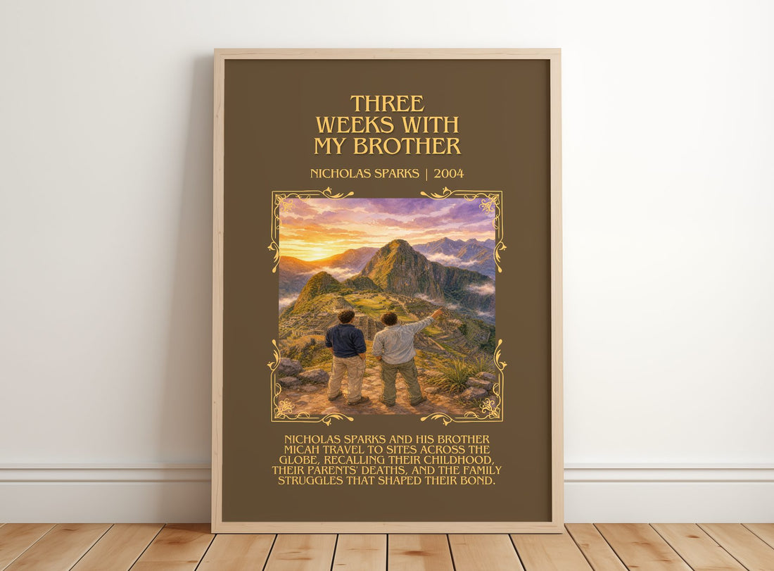 Three Weeks With My Brother Minimalist Book Poster by Nicholas Sparks – framed print leaning on a wooden floor