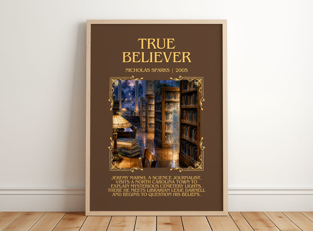 True Believer Minimalist Book Poster by Nicholas Sparks – framed print leaning on a wooden floor
