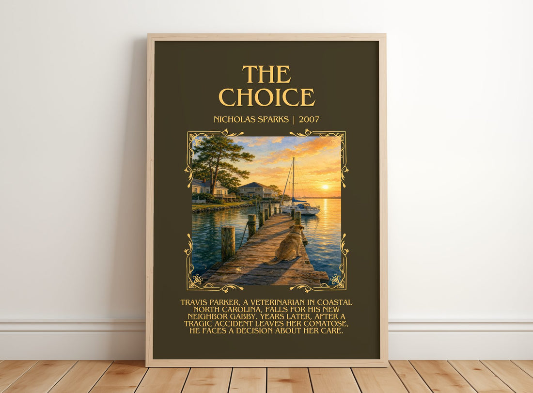 The Choice Minimalist Book Poster by Nicholas Sparks – framed print leaning on a wooden floor