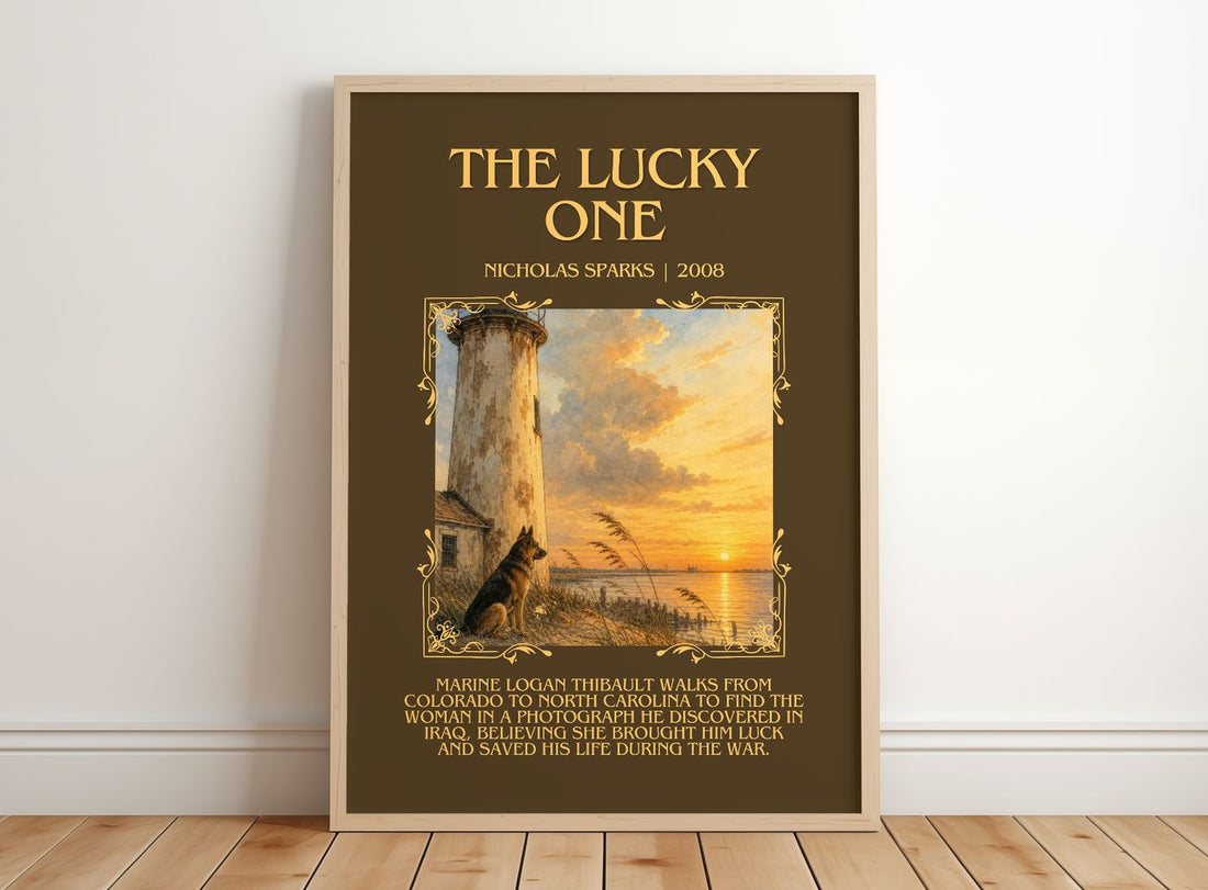 The Lucky One Minimalist Book Poster by Nicholas Sparks – framed print leaning on a wooden floor