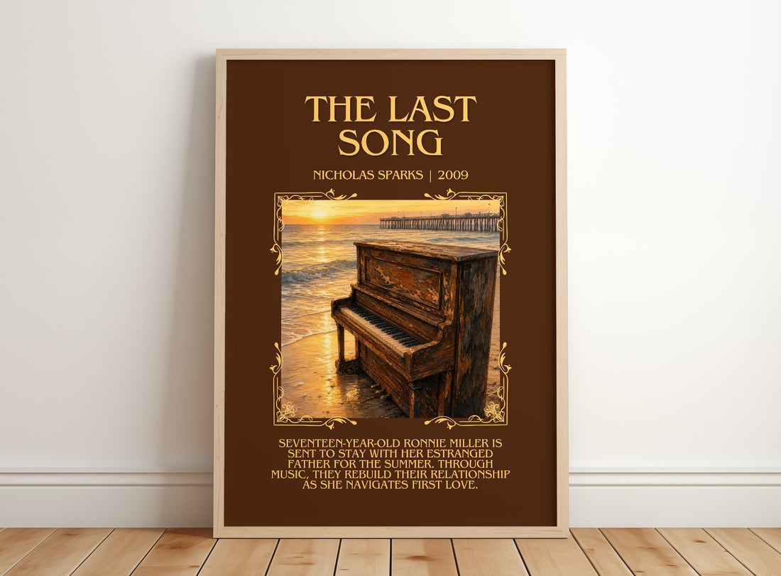The Last Song Minimalist Book Poster by Nicholas Sparks – framed print leaning on a wooden floor
