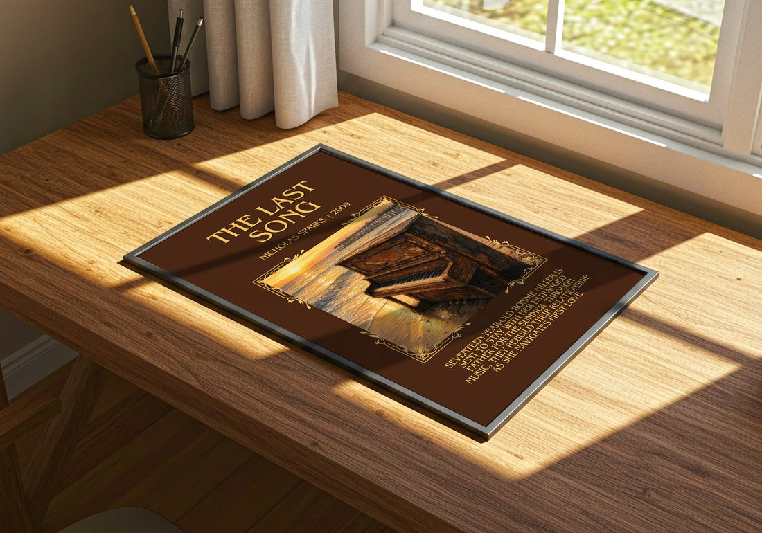 The Last Song Minimalist Book Poster by Nicholas Sparks – print on a sunlit desk