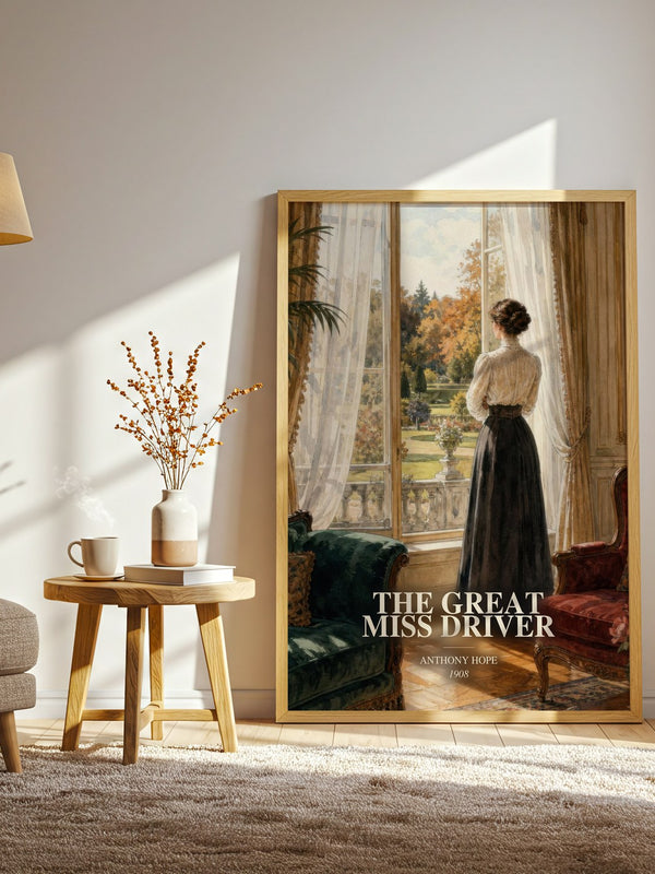 The Great Miss Driver watercolour print in frame leaning in hallway – literary fiction wall art