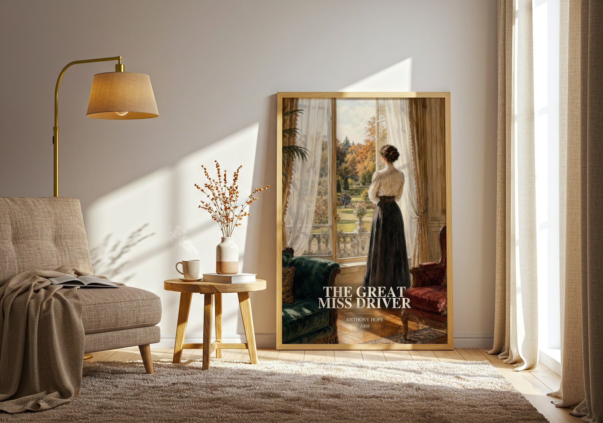 The Great Miss Driver watercolour print in frame leaning in hallway – literary fiction wall art
