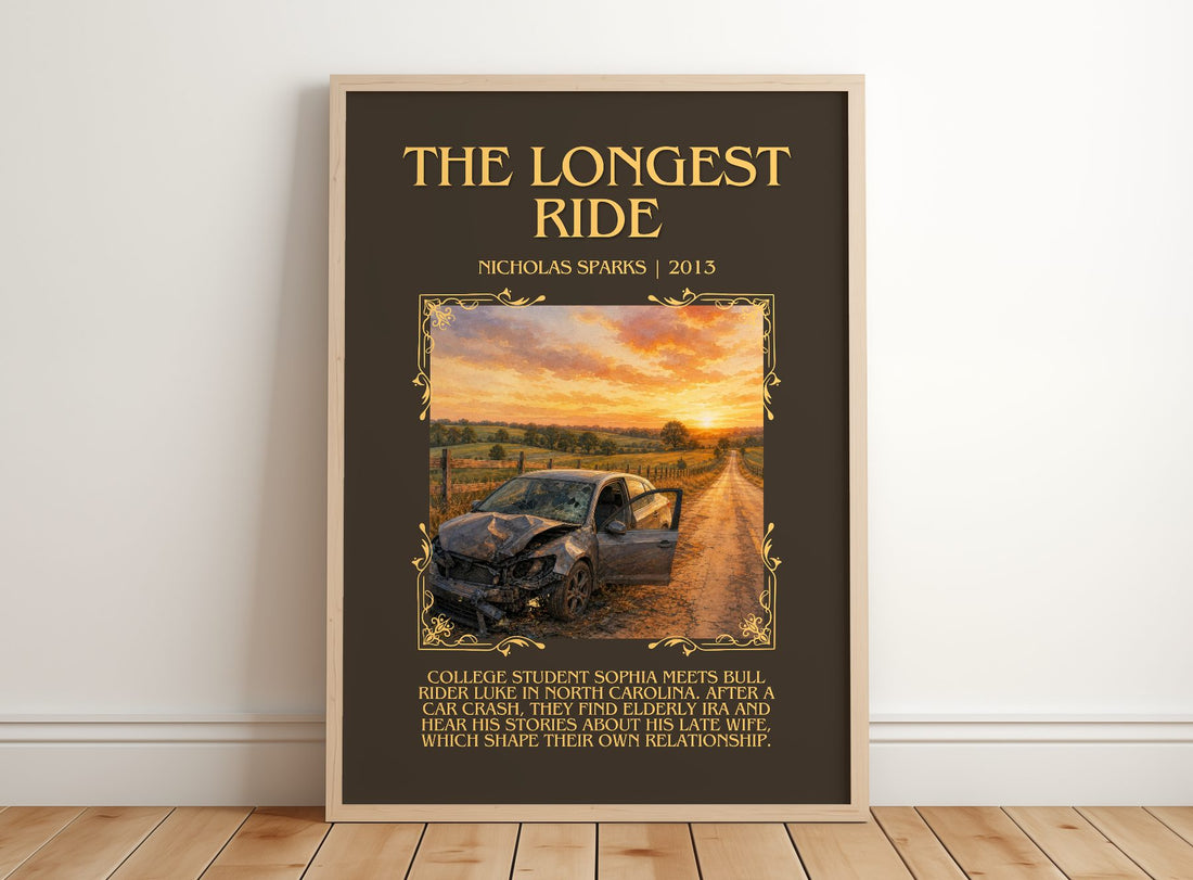 The Longest Ride Minimalist Book Poster by Nicholas Sparks – framed print leaning on a wooden floor