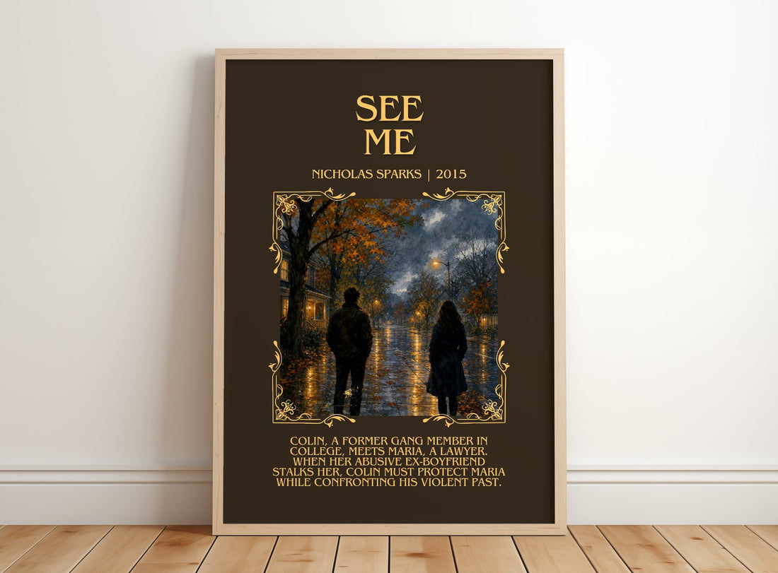 See Me Minimalist Book Poster by Nicholas Sparks – framed print leaning on a wooden floor