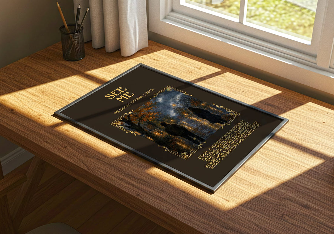See Me Minimalist Book Poster by Nicholas Sparks – print on a sunlit desk