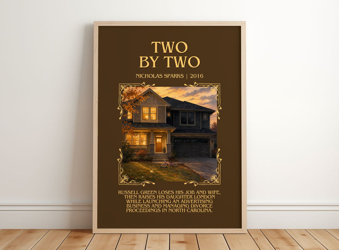 Two By Two Minimalist Book Poster by Nicholas Sparks – framed print leaning on a wooden floor