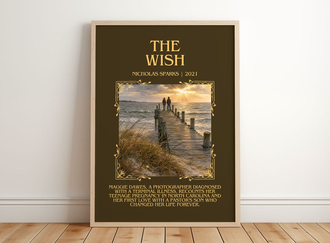 The Wish Minimalist Book Poster by Nicholas Sparks – framed print leaning on a wooden floor