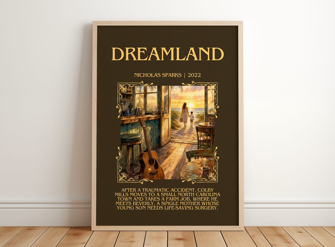 Dreamland Minimalist Book Poster by Nicholas Sparks – framed print leaning on a wooden floor