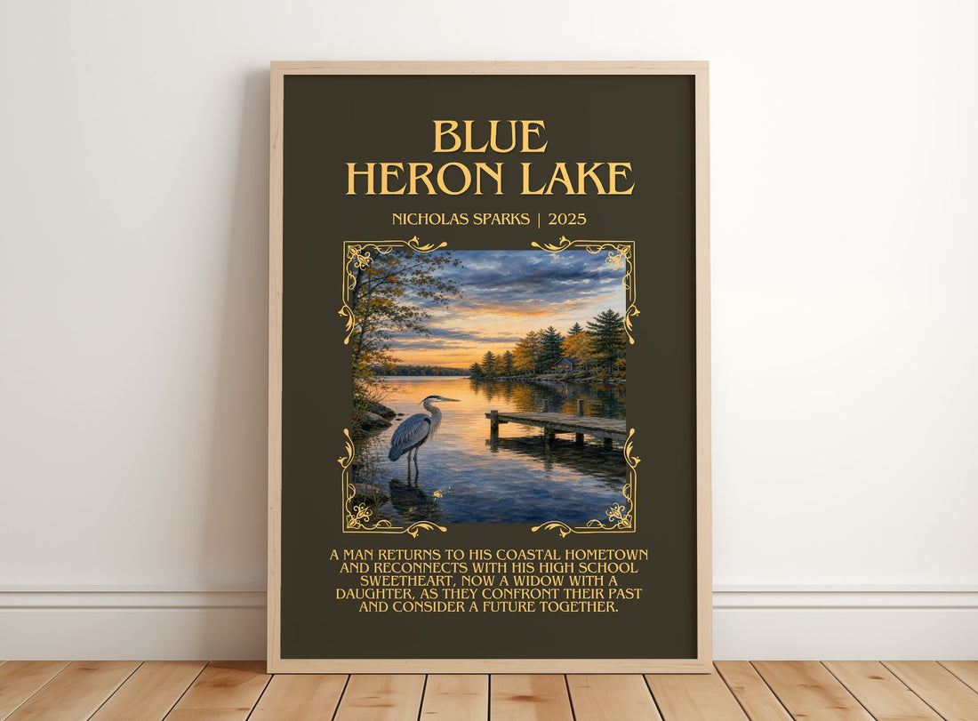 Blue Heron Lake Minimalist Book Poster by Nicholas Sparks – framed print leaning on a wooden floor