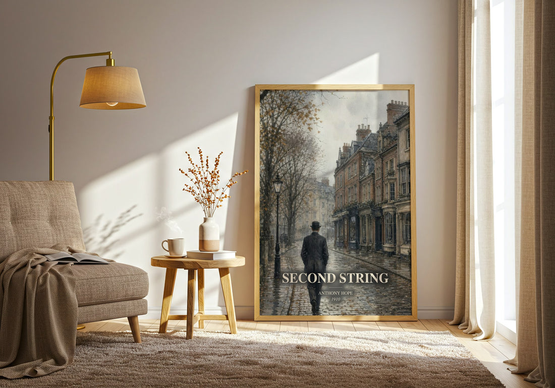 Second String watercolour print in frame leaning in hallway – romance wall art (mockup)