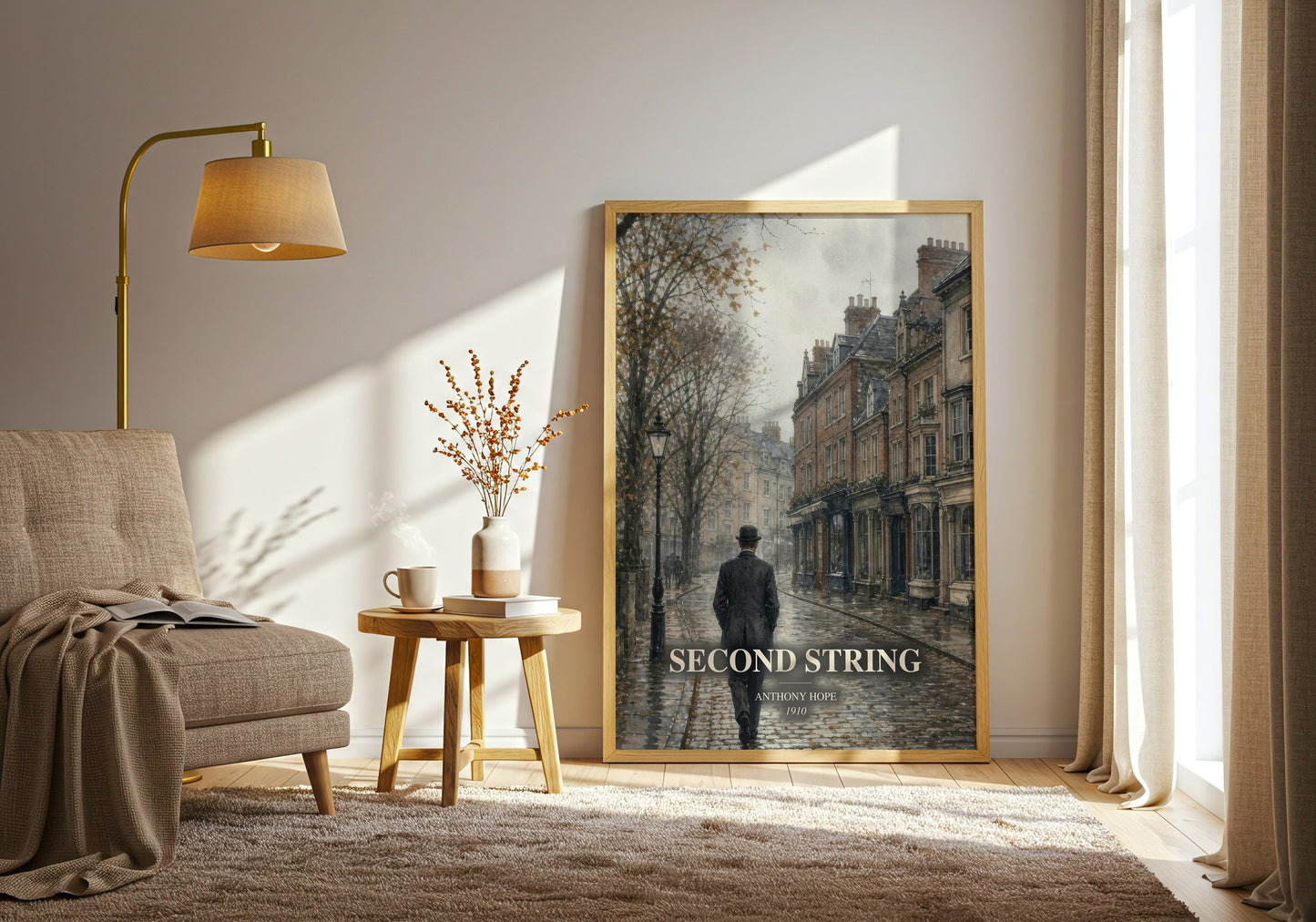 Second String watercolour print in frame leaning in hallway – romance wall art