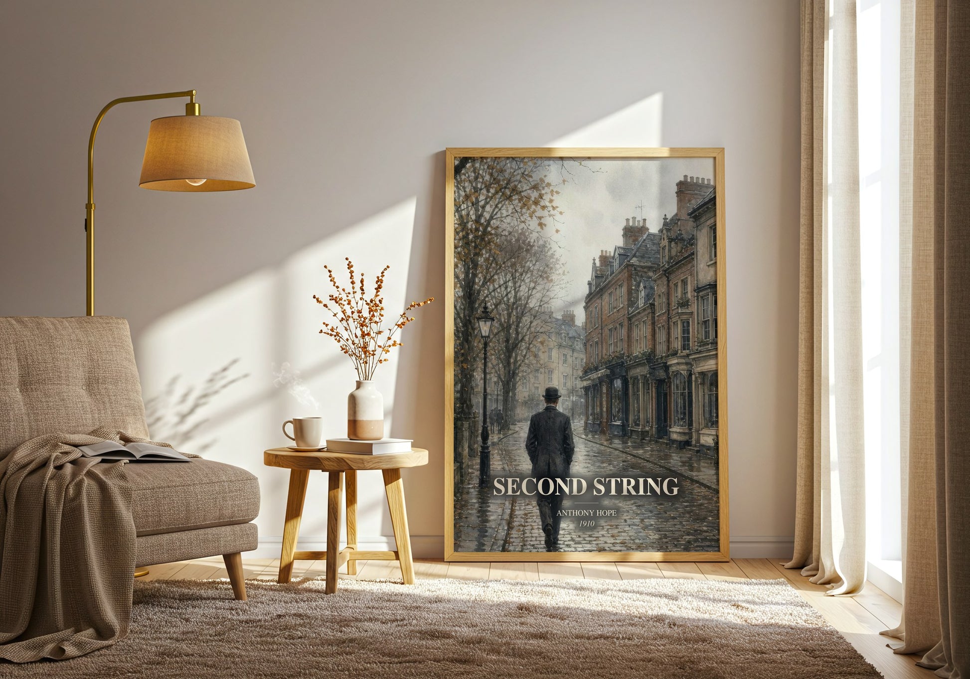 Second String watercolour print in frame leaning in hallway – romance wall art
